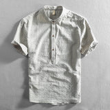 BONSIR  -  Men's Casual Cotton Shirt Short Sleeve Blouse Tops Summer Botton Pinstripe Holiday Shirt Comfortable Handsome Men Henley Shirt