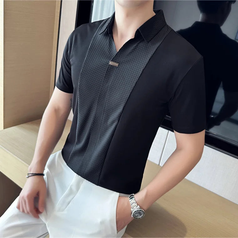 Bonsir Black / White Summer High Elastic V Neck Polo Shirts Men's Waffle Splicing Ice Silk Seamless T-shirt Casual Loose Tops Tees