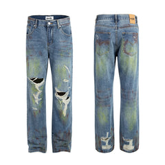 Bonsir Green Painted Hole Washed Blue Baggy Jeans Mens Streetwear Distressed Casual Loose Denim Trousers Ropa Hombre Frayed Cargo Pants