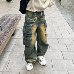 Bonsir Y2k Hip Hop Retro Streetwear Mens Jeans Distressed Faded Washed Oversized Pockets Loose Cargo Pants High Street Wide Leg Pants