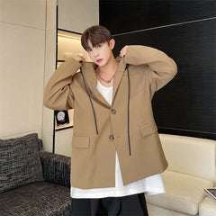 Bonsir Men's Suit Jacket Hooded Single Breasted Casual Male Solid Color Clothing Autumn New Loose Hoodie Blazers