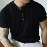 BONSIR  -  New Fashion American Style Men T-shirt Light Luxury Knitted Henry Collar Tees Casual Solid Color Short Sleeve Breathable Tops