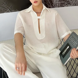 Bonsir Mens Sexy Perspective Low-Cut Shirt Genderless 2024 New Nightclub Personalized Versatile Solid Color Short-Sleeved Top Unisex