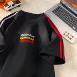 BONSIR  -  New Embroidery T-shirt Rainbow Coloured Letters T-shirt Fashion Striped Collision Summer Short-sleeved Tops Street Couple Tee