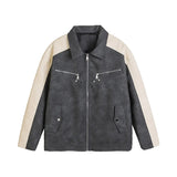 Bonsir Lapel contrasting color old jacket PU leather jacket men's American retro street spring and autumn