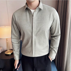 Bonsir Autumn Winter New Thick Warm Woolen Shirt High-end Zipper Design Seamless Striped Shirt Fashion Men Casual Social Party Tuxedo