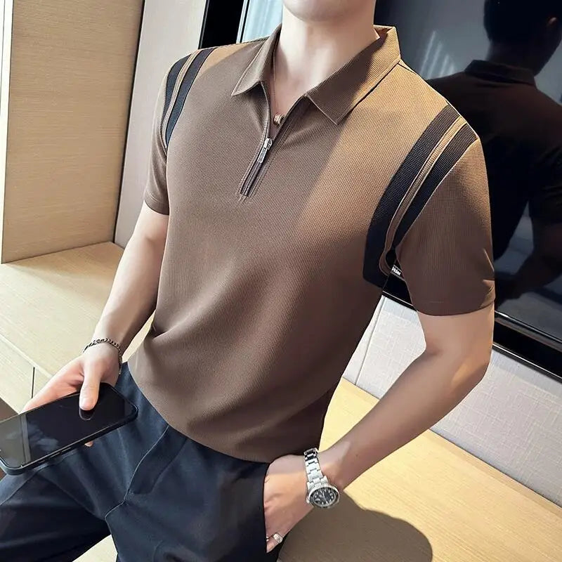 Bonsir Summer High Elastic Stripe Short Sleeve Polo Shirts Men's Business Casual Zipper T-shirt Tops Streetwear Plus Size 4XL-M