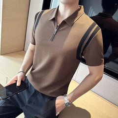 Bonsir Summer High Elastic Stripe Short Sleeve Polo Shirts Men's Business Casual Zipper T-shirt Tops Streetwear Plus Size 4XL-M