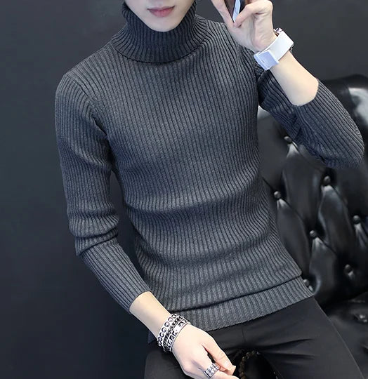 Bonsir Fall/Winter Men's Turtleneck Sweater Fashion Striped Solid Color Warm Knitted Sweater Men Double Collar Slim Fit Sweaters