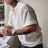 BONSIR  -  Vintage Striped Ribbed Knit T Shirts Mens Casual Henley Collar Buttoned T-shirt Men Spring Summer Fashion Slim Half Sleeve Tees