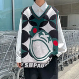 BONSIR  -  Men Clothing Trendy Vintage Harajuku Streetwear Y2K Aesthetic Knitted Sweater Vest Youth Male V Neck Sleeveless Loose Waistcoat