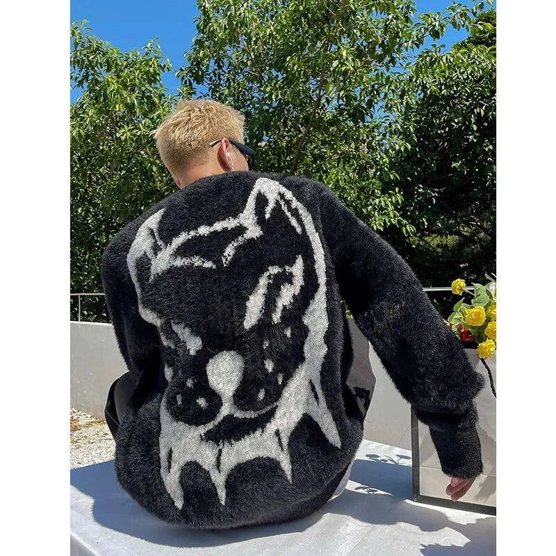 Bonsir High street fashion mink velvet jacquard sweater for men and women autumn and winter new loose and versatile y2k couple sweater