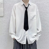 Bonsir White Solid Shirts With Tie Men's Oversize Long Sleeve Casual Cardigan Fashion Spring Autumn Blouses Unisex Daily All-match Tops