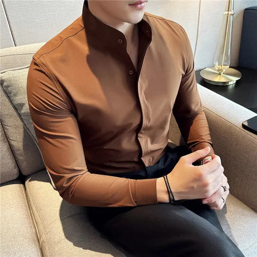 Bonsir Autumn New Stand Collar Solid Slim Shirts Mens Hide Buttons Design Luxury Long Sleeve Party Wedding Business Dress Shirts