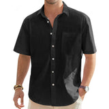 BONSIR  -  Men's 100% Cotton Short-Sleeve Shirt – Lightweight & Breathable Button-Beach Vacation, Casual Navy Blue Top with Chest Pocket
