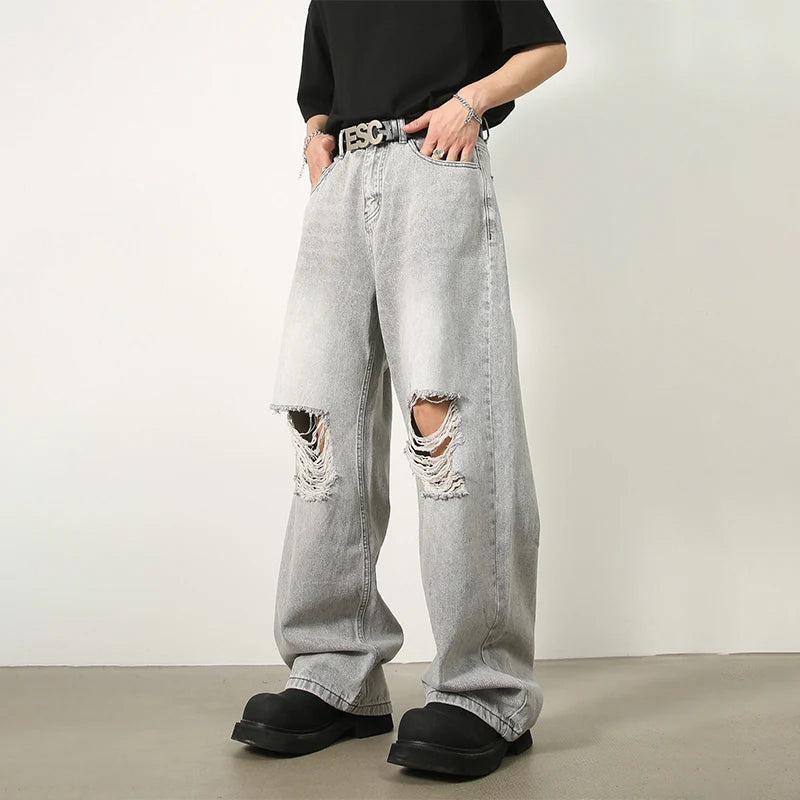 Bonsir  Ripped Jeans Men High Street Male Hip Hop Distressed Denim Wide Leg Pants Casual Trousers Vintage Streetwear Loose