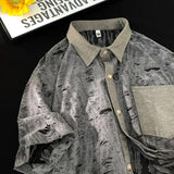 BONSIR  -  Men Streetwear Hollow Hole Short-sleeved T-shirt Hip Hop Single-breasted Short-sleeved Shirt Summer Trendy Couple Fashion Tops