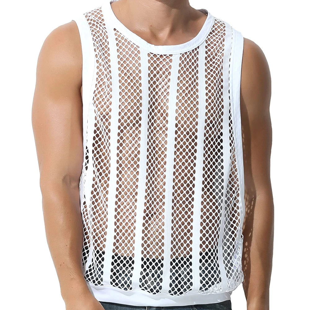 Bonsir Mens Fitness Vest Sleeveless Nightclub Sexy Mesh Transparent Hollow Vest Casual See-Through Fishnet Muscle T-Shirt Vest