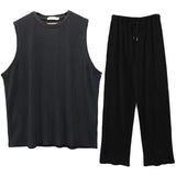 BONSIR  -  Fashion Solid Two Piece Suits Men‘s O-Neck Sleeveless Tops And Pants Outfits Men Summer New Casual Simplicity Solid Rib Sets