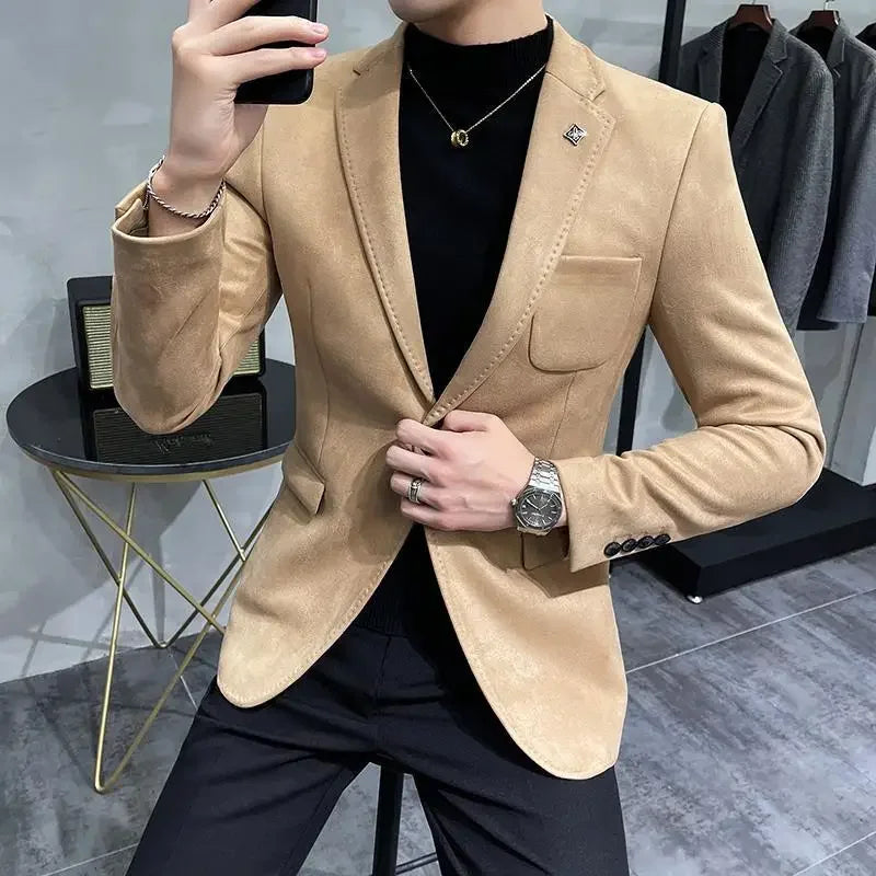 Bonsir Autumn Winter Velvet Blazers Jacket Men Business Slim Fit Casual Suit Coat High Quality Deerskin Fashion Men Suit Jacket