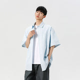 BONSIR  -  Japanese Style Checked Short Sleeve Shirts for man: comfortable & skin-friendly fabrics, Jacquard  lapel Summer Top Clothing