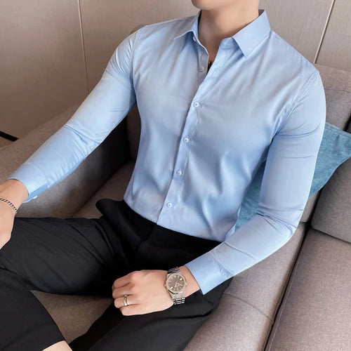 Bonsir 10Color High Quality Solid Dress Shirt Men Simple Long Sleeve Slim Fit Business Shirts Homme Social Casual Shirt Plus Size 5XL-M