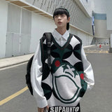 BONSIR  -  Men Clothing Trendy Vintage Harajuku Streetwear Y2K Aesthetic Knitted Sweater Vest Youth Male V Neck Sleeveless Loose Waistcoat