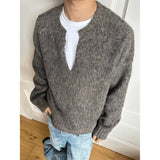 BONSIR  -  Korean version solid color v-neck sweater men's winter gray high-end loose casual lazy versatile knitted top