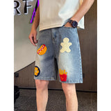 BONSIR  -  Retro hamburger fries towel embroidered denim shorts for men and women loose summer new straight wide-leg five-point trousers