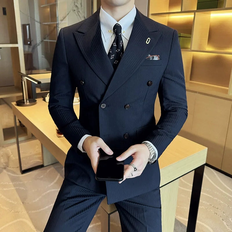 Bonsir (Jackets+Pants+Vest) Luxury Stripe Men Suit High Quality Double Breasted Elegant Fashion Tuxedo Formal Groom Wedding Social Suit