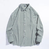 BONSIR  -  Autumn Business Casual Striped Shirts for Men Tops Stripe Shirt Loose Top Cotton Blouse Cardigan Korean Long-Sleeved Shirts