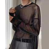 BONSIR  -  Tops Mens Sexy Transparent Glitter Mesh T Shirts Fashion Long Sleeve O Neck See Through Basic Tops Men Streetwear Tees