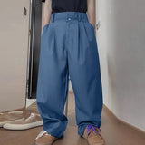 BONSIR  -  Men Pants Solid Color High Waist Pleated Button Casual Trousers Men Streetwear Loose Joggers Fashion Male Long Pants