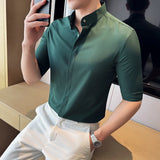Bonsir High Quality Metal Buttons Decor Half Sleeve Shirts Summer New Men Slim Fit Casual Social Business Blouse Homme