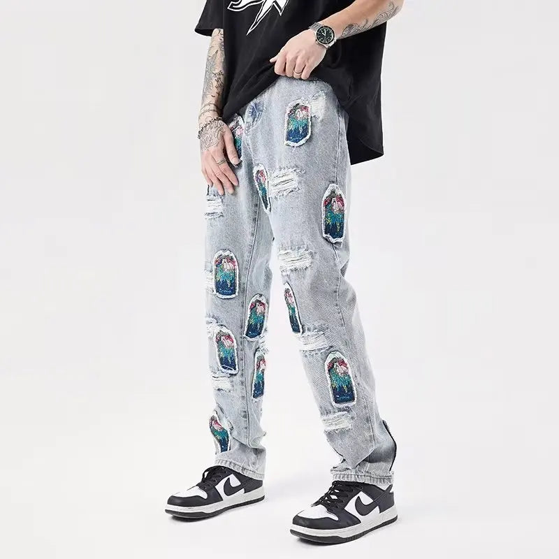 Bonsir Japanese Streetwear Embroidery Men Jeans Pants Cargo Vintage Harajuku Men's Denim Trousers