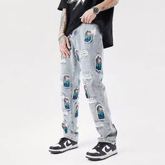 Bonsir Japanese Streetwear Embroidery Men Jeans Pants Cargo Vintage Harajuku Men's Denim Trousers