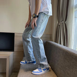 Bonsir Ripped jeans men's loose straight chic summer thin casual pants with raw edges Monkey Wash high street hip-hop wide-leg pants