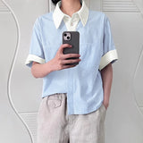 BONSIR  -  Men Shirt Summer Striped Patchwork Lapel Short Sleeve Men Clothing Streetwear Autumn 2025 Loose Korean Style Male Shirts
