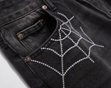 Bonsir Retro Rhinestone Spider Web Distressed Men's Jeans Pants High Street Straight Washed Casual Oversized Unisex Denim Trousers