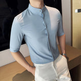 Bonsir High Quality Metal Buttons Decor Half Sleeve Shirts Summer New Men Slim Fit Casual Social Business Blouse Homme