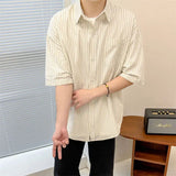 BONSIR  -  Men's Oversized Striped Casual Shirt - Korean Fashion Trend Short Sleeve Button-Down Collared Top  Stylish Layered Streetwear