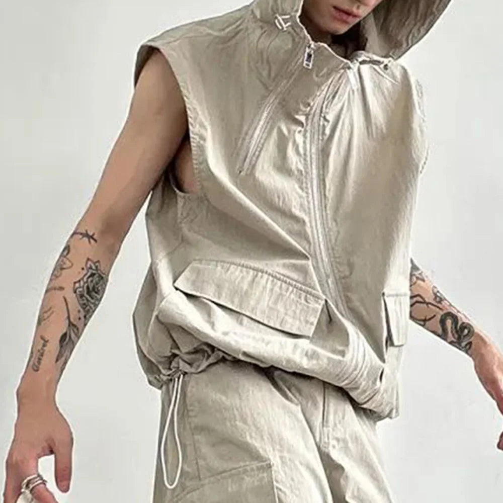 Bonsir Men Cargo Vest Hooded Summer Japanese Zipper Design Sleeveless Tops Male Korean Streetwear Hip Hop Unisex Plus Size Waistcoat