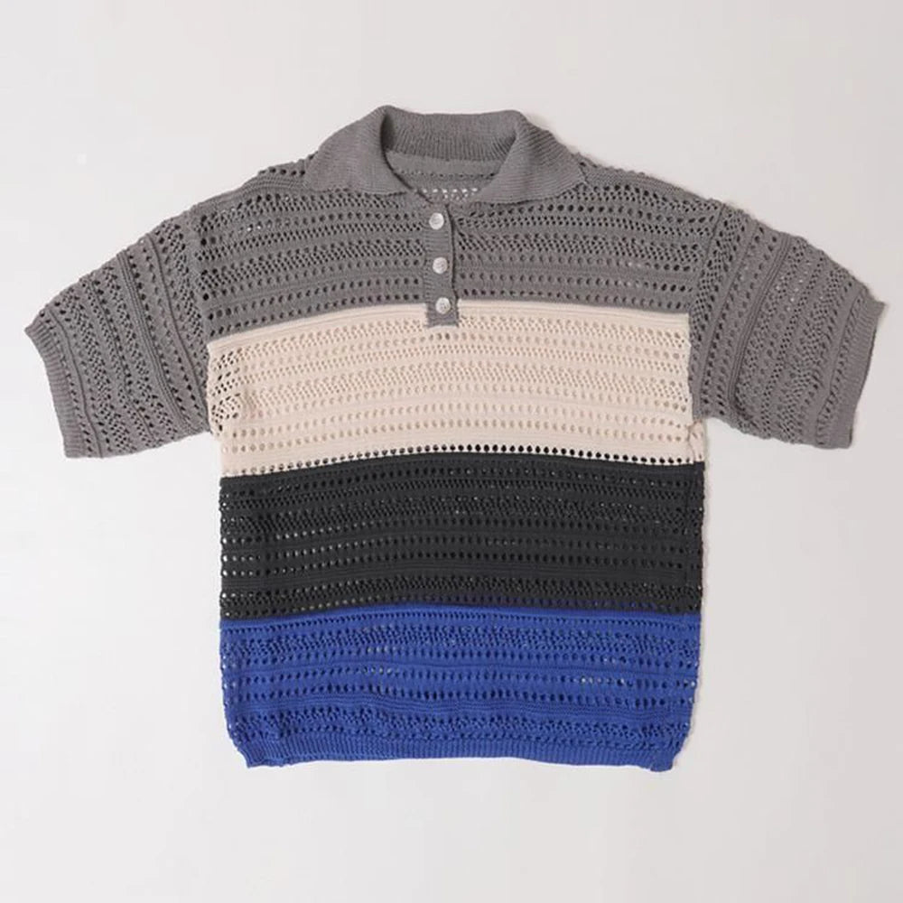 Bonsir Men Luxury Knit Polo Shirt Breathable Casual Hollow Out T Shirt Fashion Turn-down Rainbow Striped Short Sleeve Fishnet Tops Tees