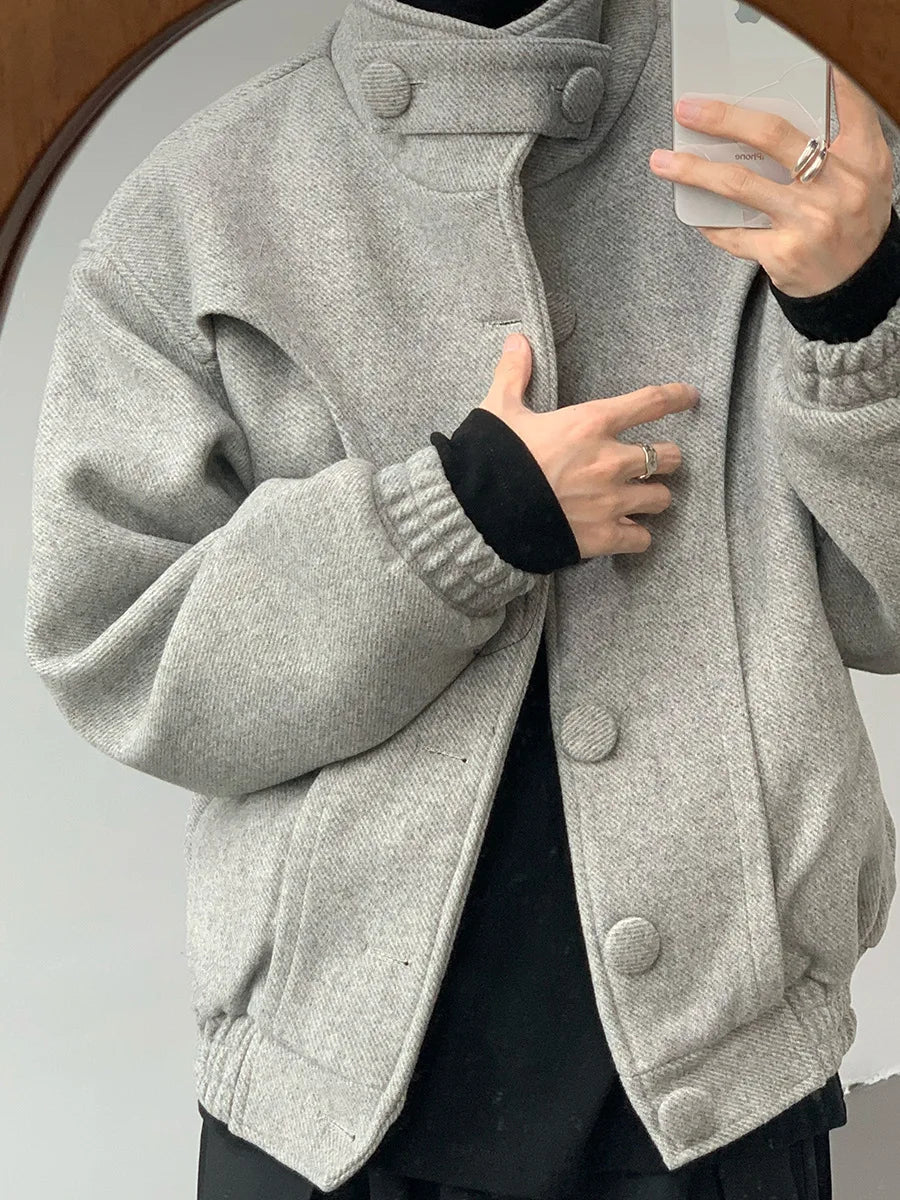 Bonsir Men's Woolen Jackets Turn-down Collar Solid Color Clothing Single Breasted Casual Male Coats New Winter