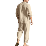 BONSIR  -  Summer Casual Mens Linen Two Piece Suits Leisure Breathable Long Sleeve Shirt And Trousers Men Outfits Fashion Solid Color Sets