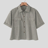 BONSIR  -  Men Plaid Shirt Lapel Short Sleeve Pockets Korean Style Men Clothing Summer Loose 2025 Streetwear Causal Male Crop Tops