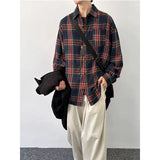 BONSIR  -  American retro white navy plaid shirt men's autumn tide brand sanding shirt coat loose casual shirt