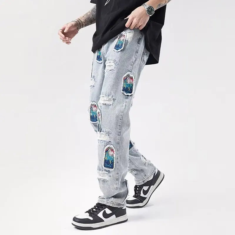 Bonsir Japanese Streetwear Embroidery Men Jeans Pants Cargo Vintage Harajuku Men's Denim Trousers