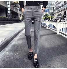 BONSIR   -  British Style Suit Pants Men Dress Pants Social Slim Fit Office Trousers Men Grey Spring New Striped Belt Trousers Men's