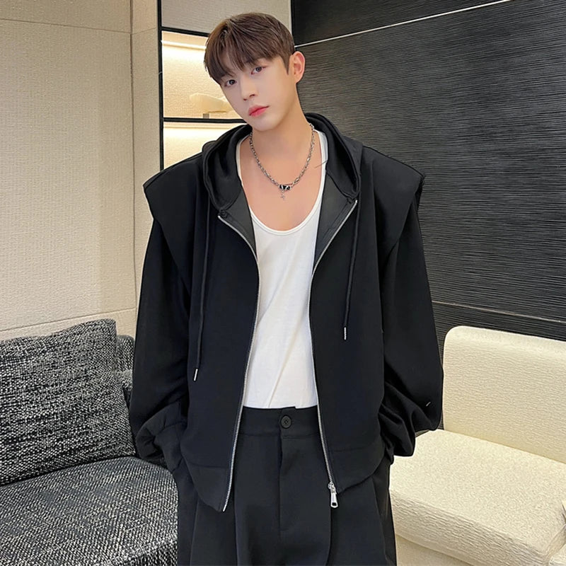 Bonsir Men's Shoulder Pad Hooded Cardigan Korean Chic Sweatshirt Solid Color Zip Loose Casual Male Jacket Autumn New Coat